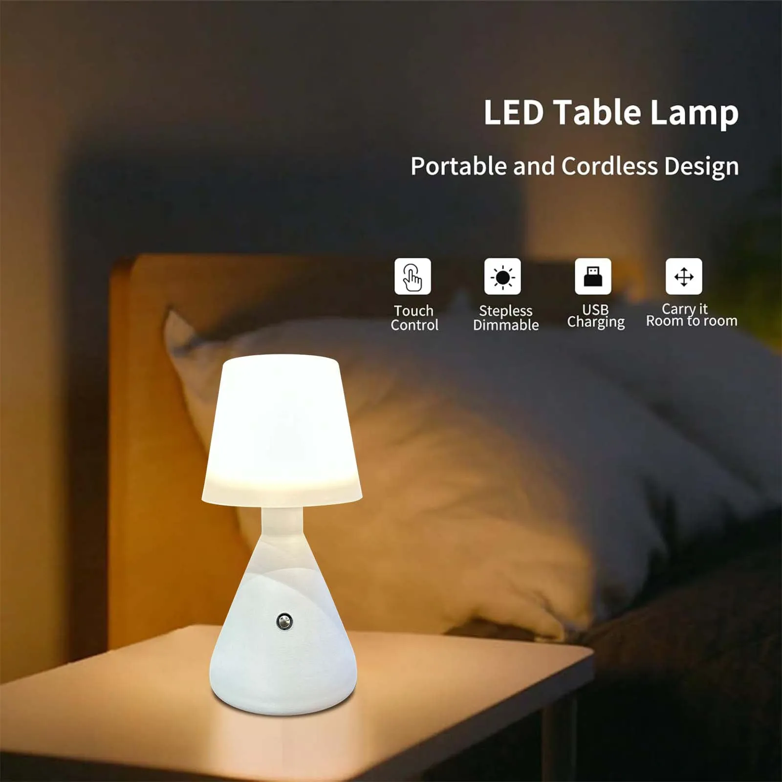 1pc, White Modern Simple Bedroom Table Lamp, Study Cozy Creative Lamp, Touch Rechargeable Ambient Light