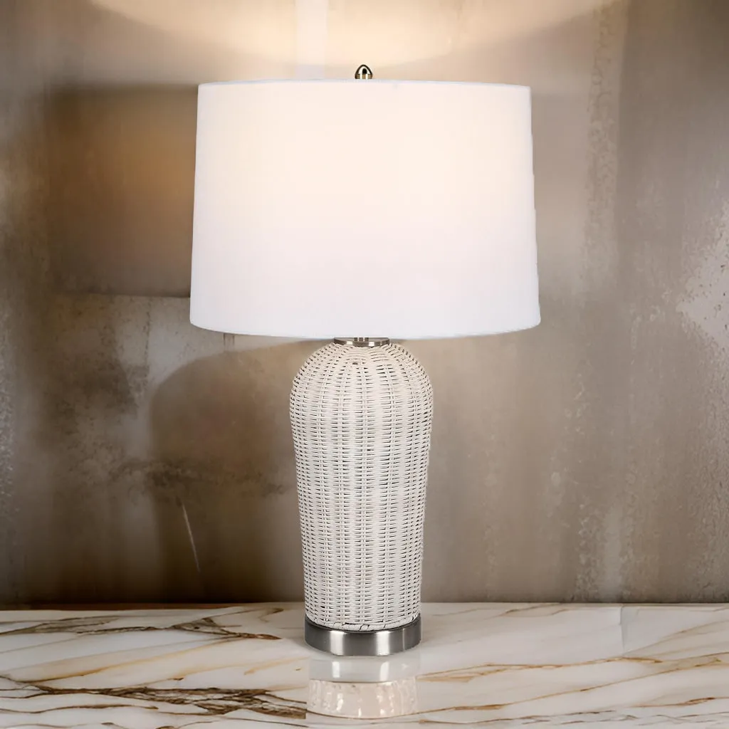 25 Inch Table Lamp, Rattan Woven, White Linen Shade, Brushed Silver Accents By Casagear Home