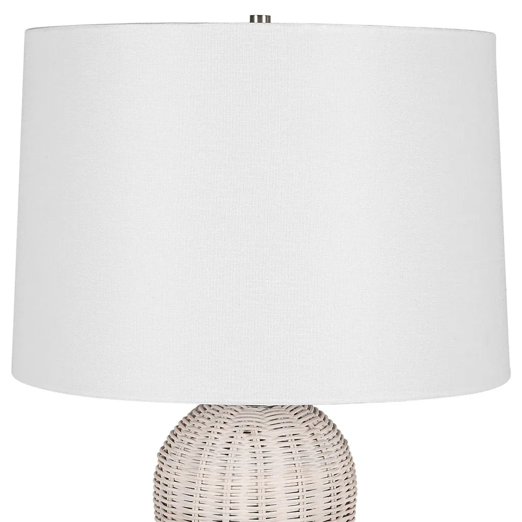 25 Inch Table Lamp, Rattan Woven, White Linen Shade, Brushed Silver Accents By Casagear Home