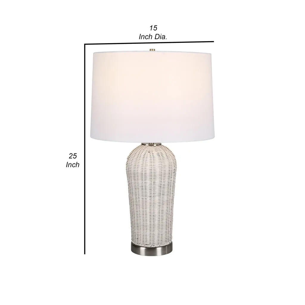 25 Inch Table Lamp, Rattan Woven, White Linen Shade, Brushed Silver Accents By Casagear Home