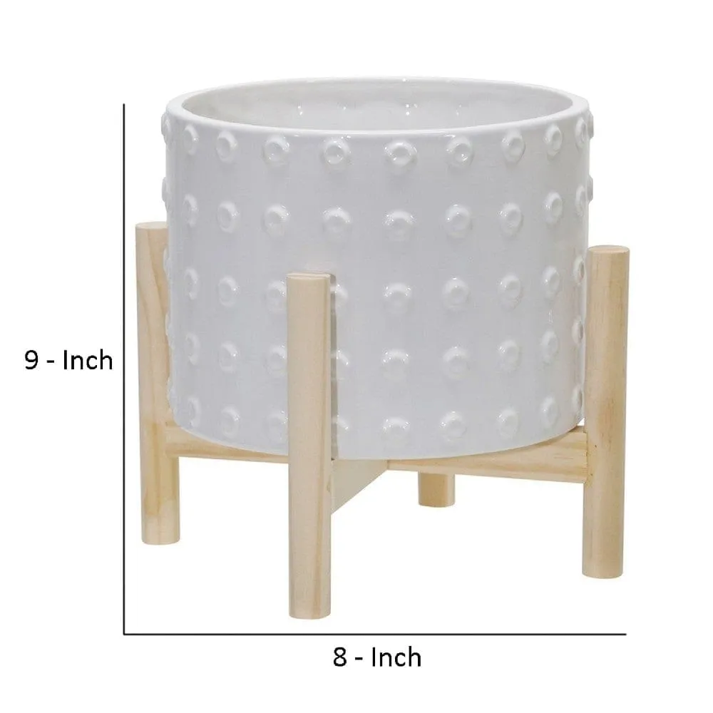 8 Inches Planter with Dotted Planter and Wooden Stand, White By Casagear Home