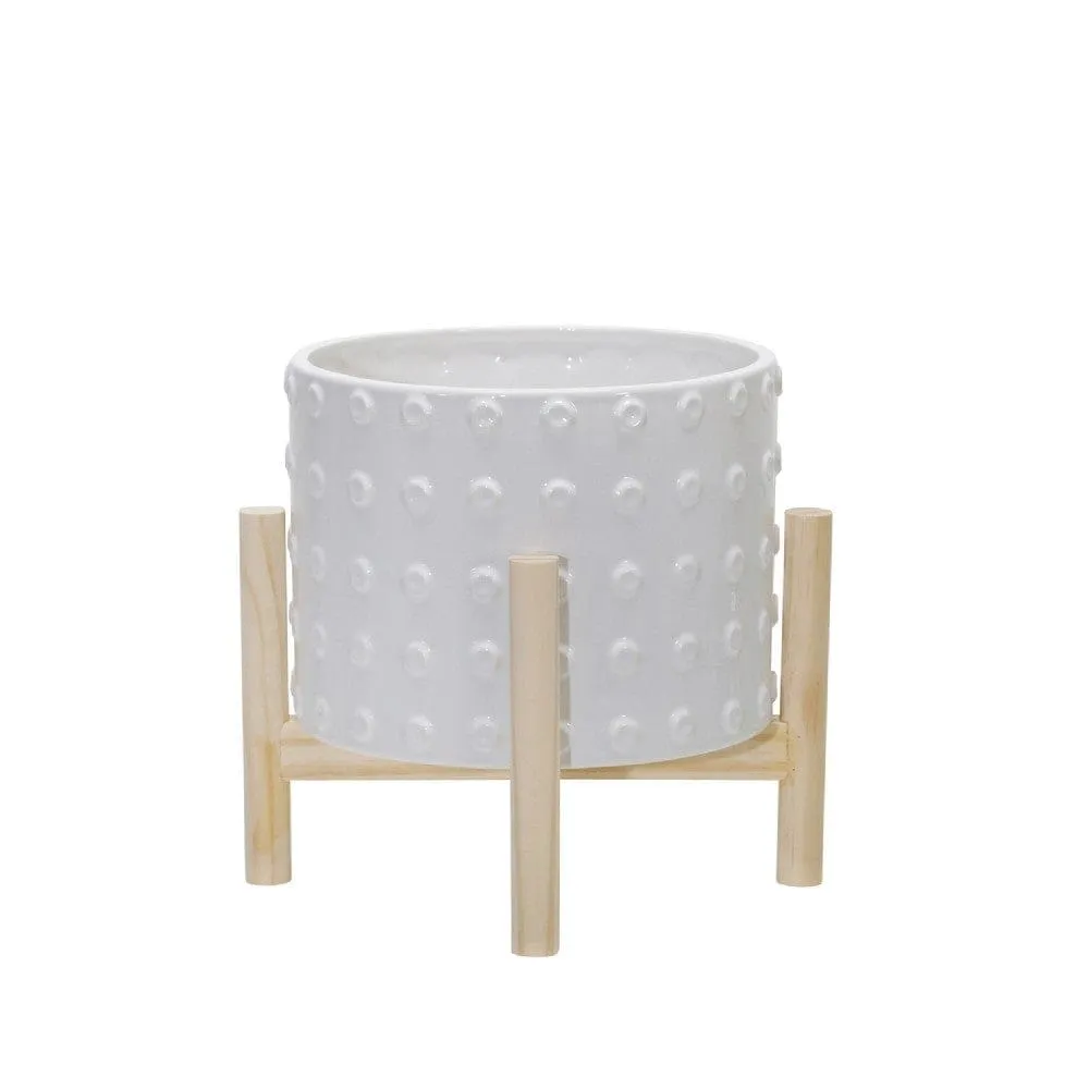 8 Inches Planter with Dotted Planter and Wooden Stand, White By Casagear Home