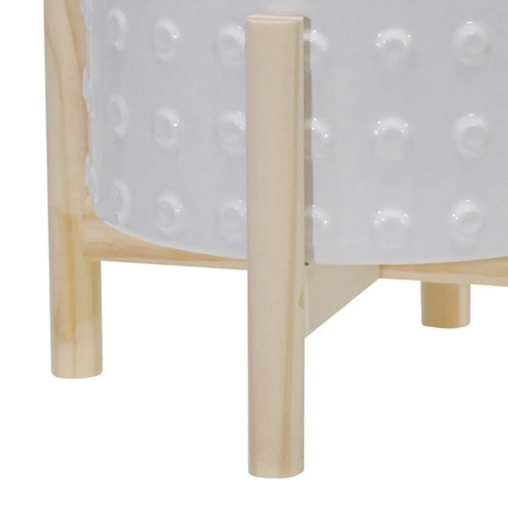 8 Inches Planter with Dotted Planter and Wooden Stand, White By Casagear Home