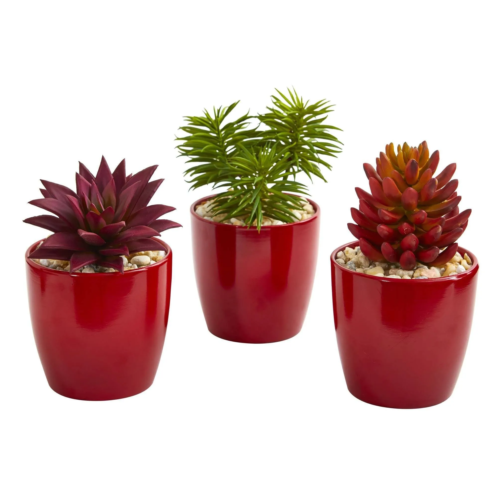 8” Mixed Succulent Artificial Plant in Red Vase (Set of 3)