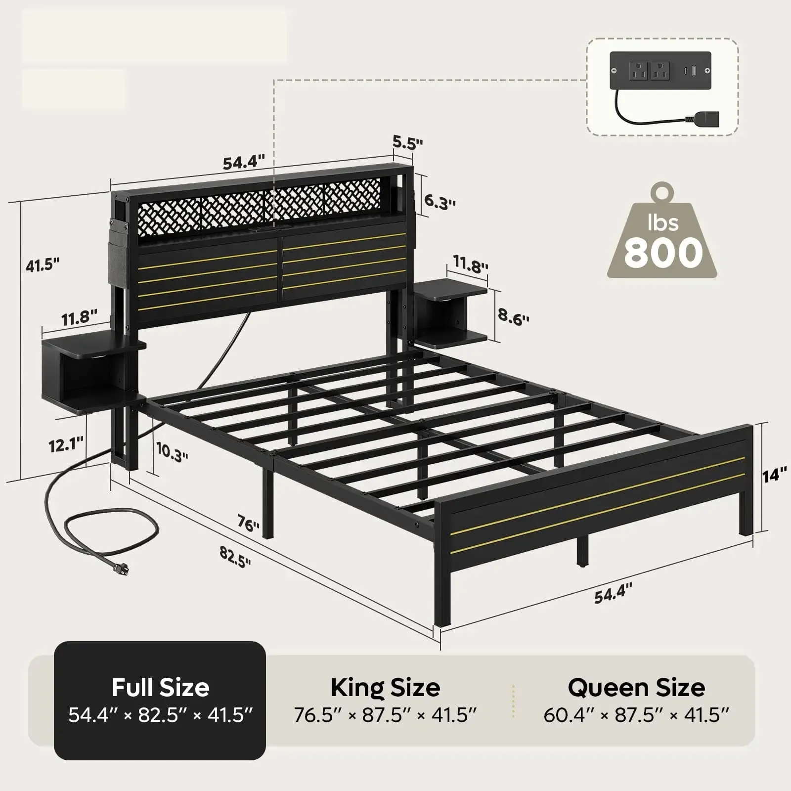 Bestier Full Bed Frame with Horizontal Golden Stripe Storage Headboard