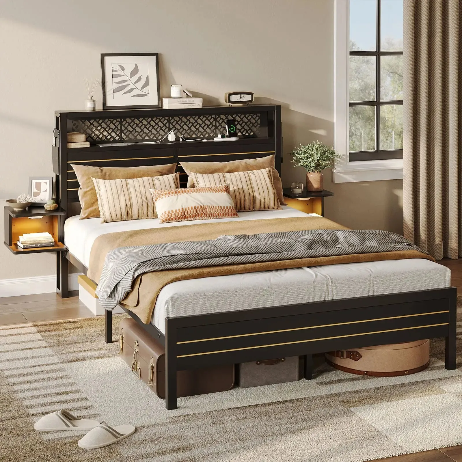 Bestier Full Bed Frame with Horizontal Golden Stripe Storage Headboard