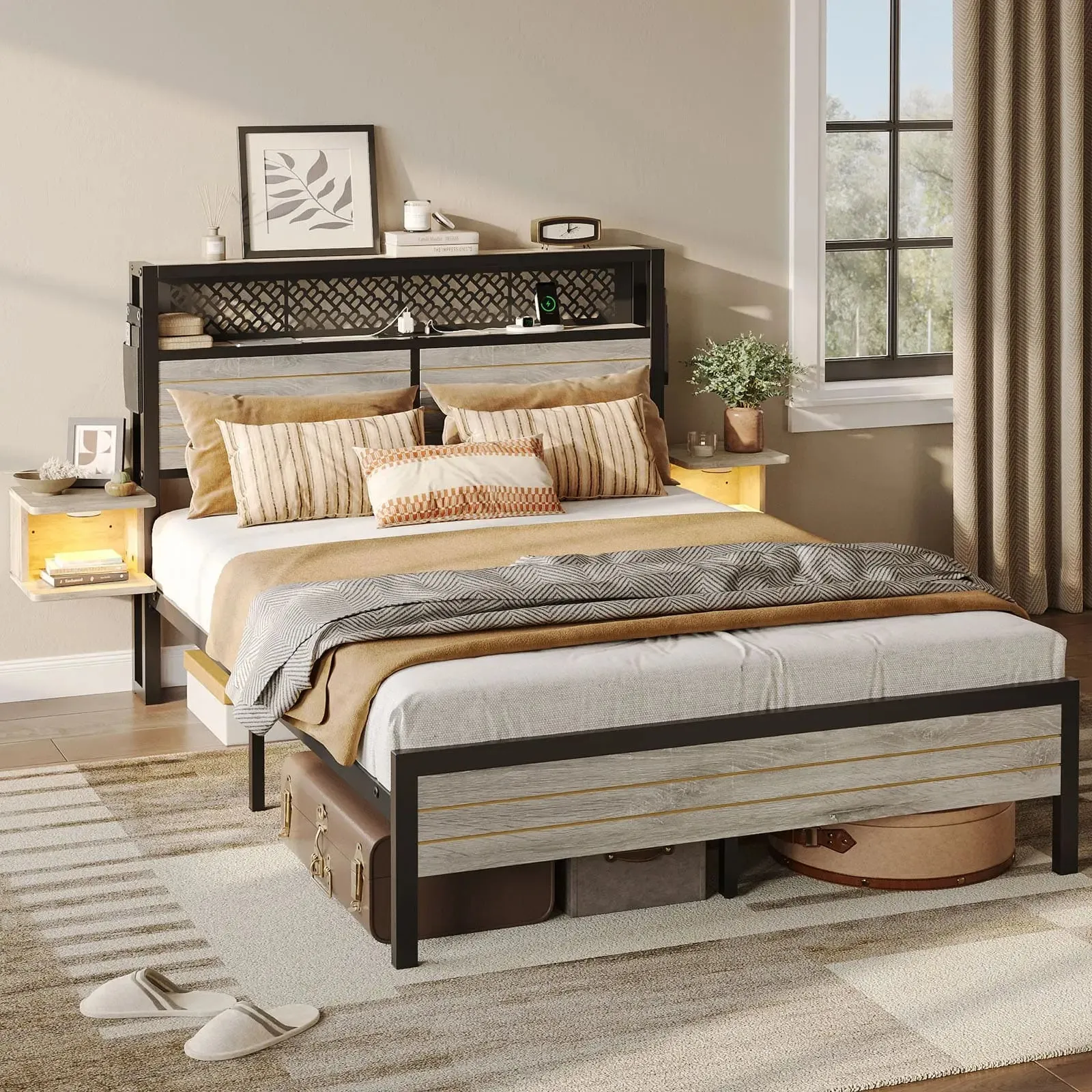 Bestier Full Bed Frame with Horizontal Golden Stripe Storage Headboard