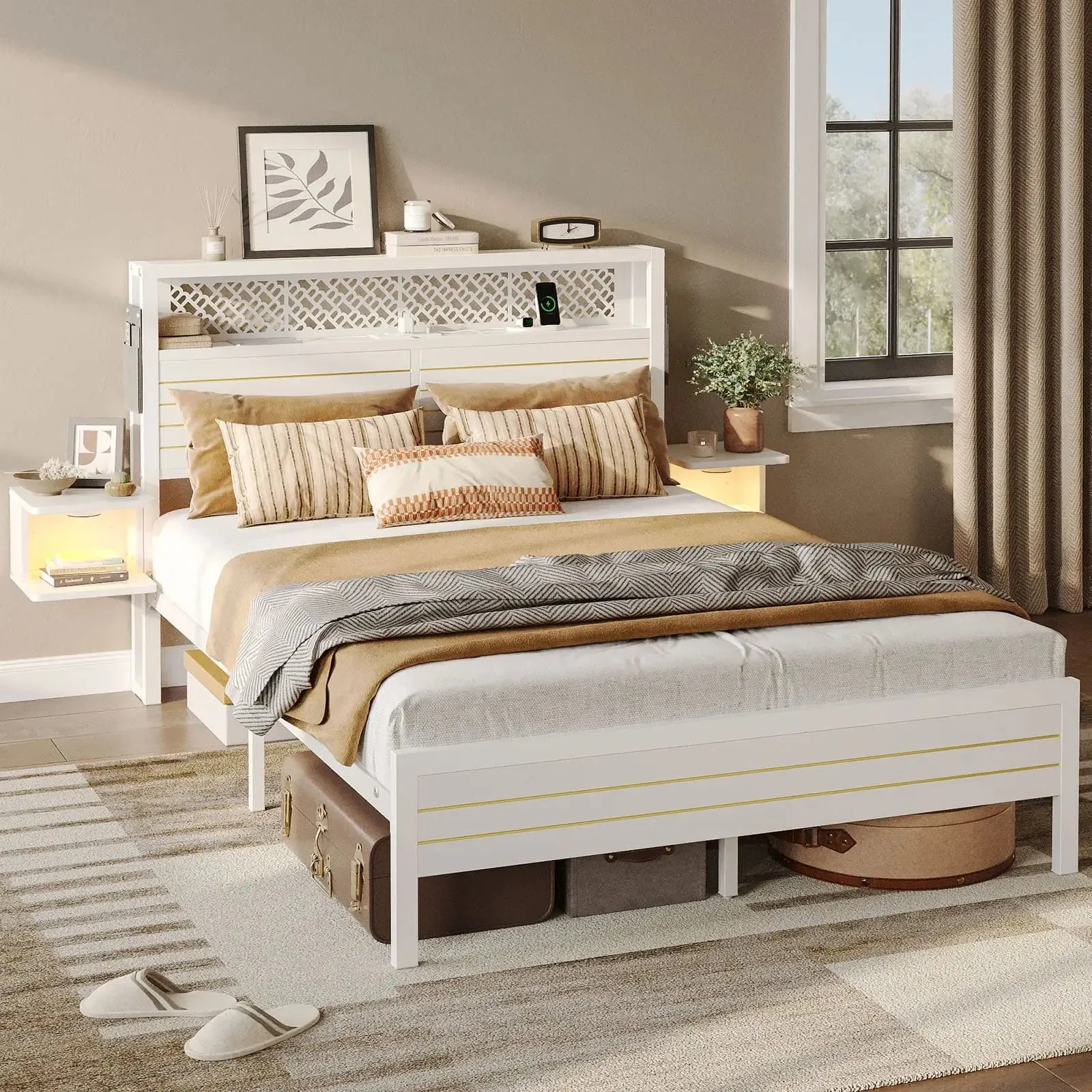 Bestier Full Bed Frame with Horizontal Golden Stripe Storage Headboard