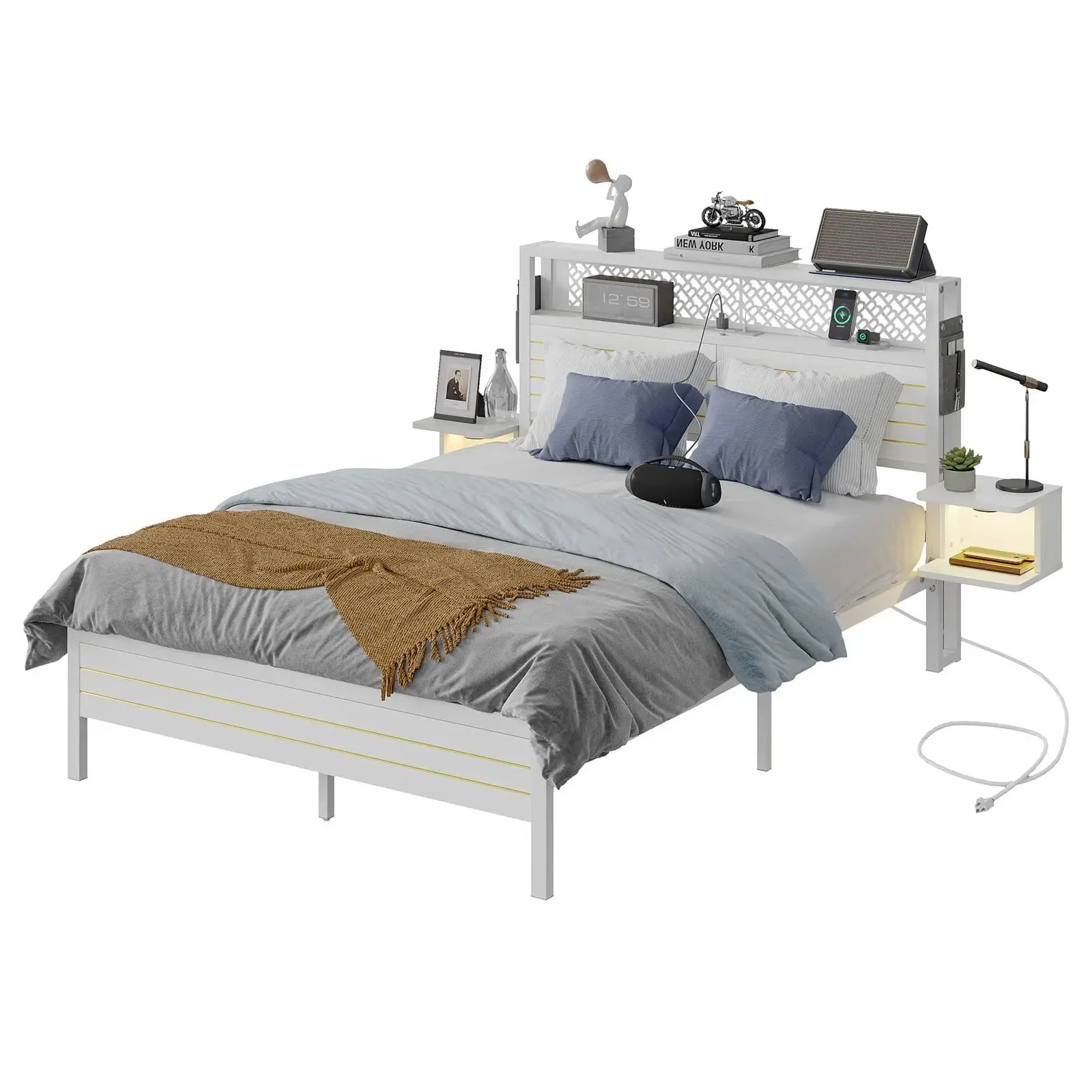 Bestier Full Bed Frame with Horizontal Golden Stripe Storage Headboard