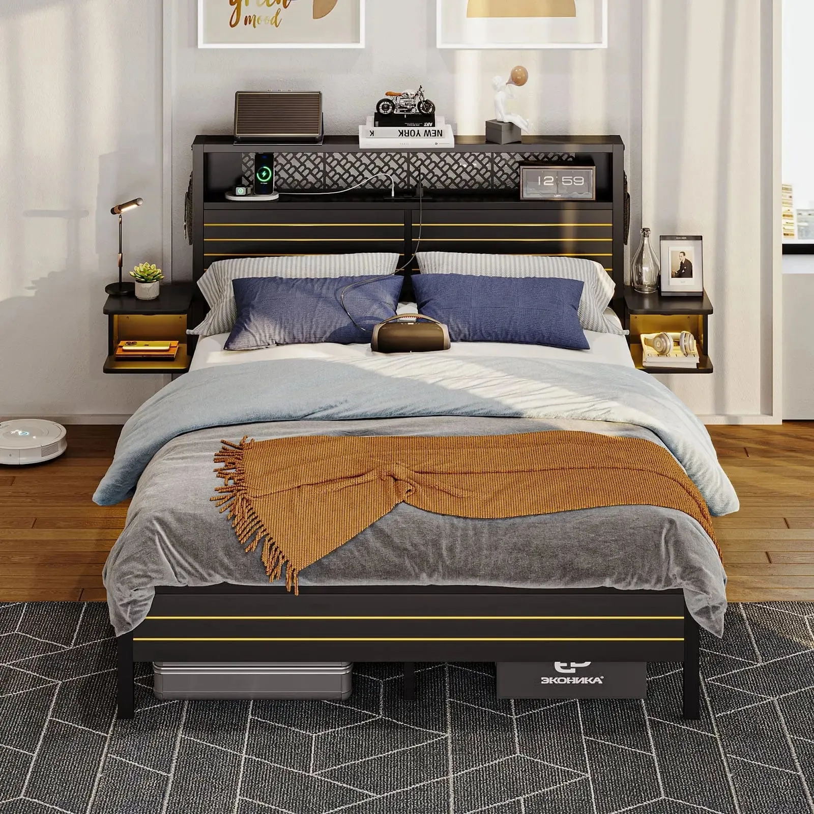 Bestier Queen Bed Frame with Horizontal Golden Stripe Storage Headboard