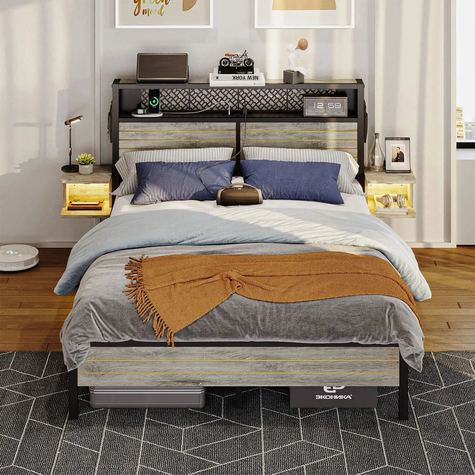 Bestier Queen Bed Frame with Horizontal Golden Stripe Storage Headboard