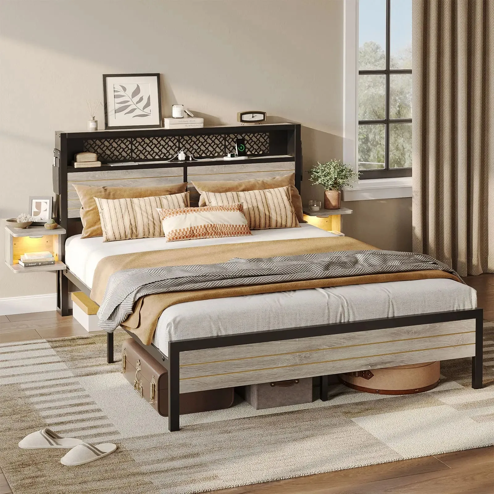 Bestier Queen Bed Frame with Horizontal Golden Stripe Storage Headboard