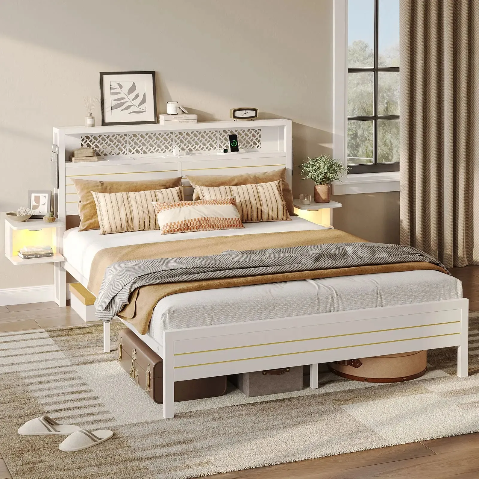 Bestier Queen Bed Frame with Horizontal Golden Stripe Storage Headboard