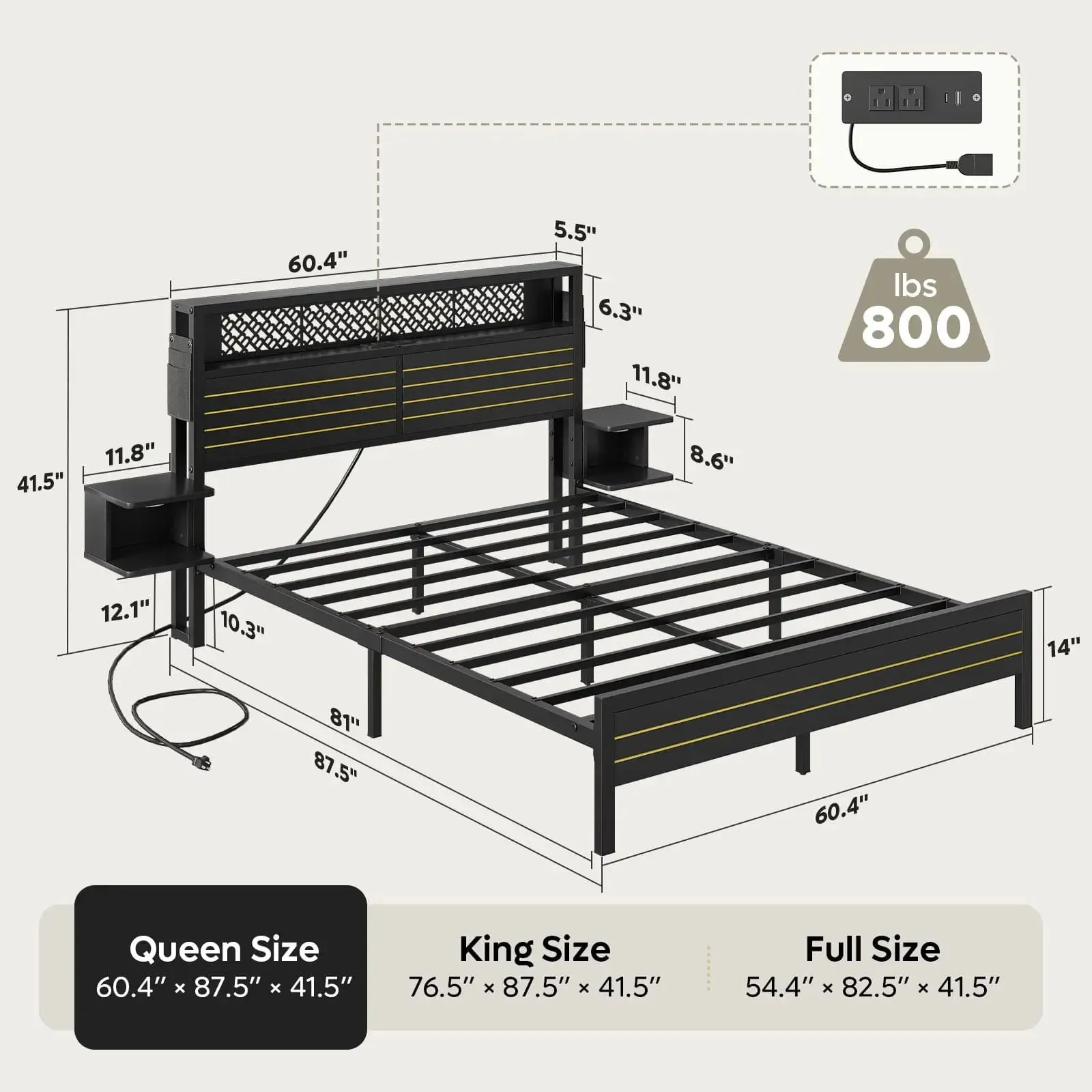 Bestier Queen Bed Frame with Horizontal Golden Stripe Storage Headboard