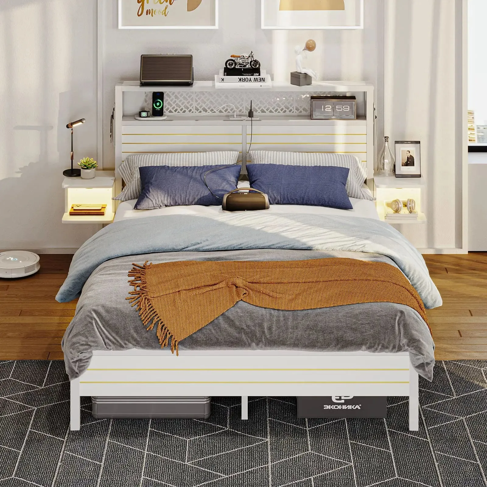 Bestier Queen Bed Frame with Horizontal Golden Stripe Storage Headboard