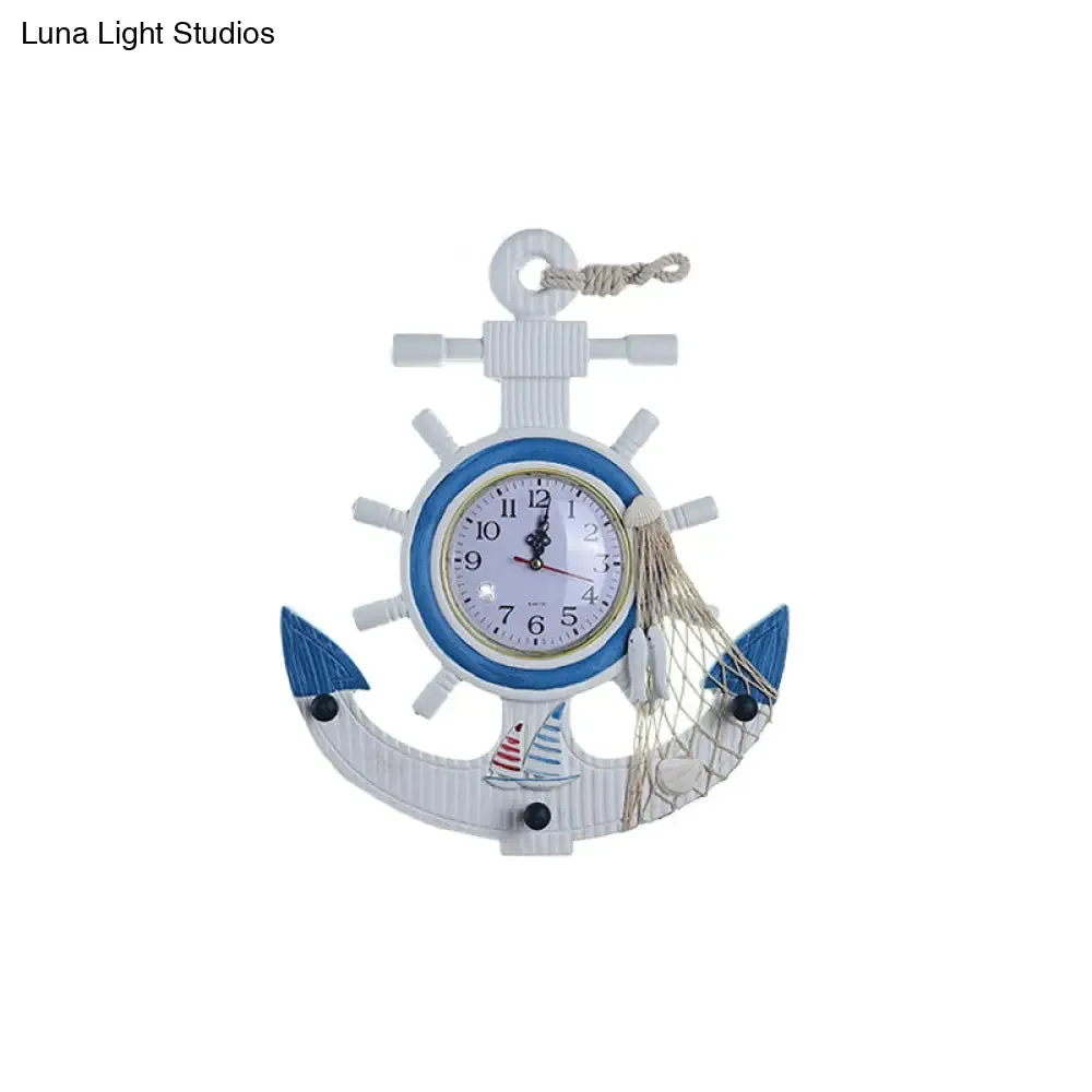 Child Bedroom Nautical Blue Anchor Rudder Wall Light with Clock - Stylish Wood Wall Lamp