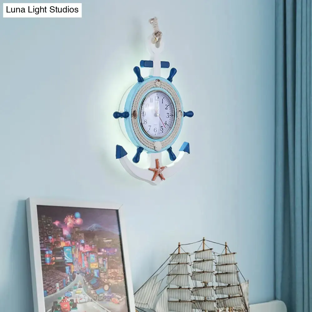 Child Bedroom Nautical Blue Anchor Rudder Wall Light with Clock - Stylish Wood Wall Lamp