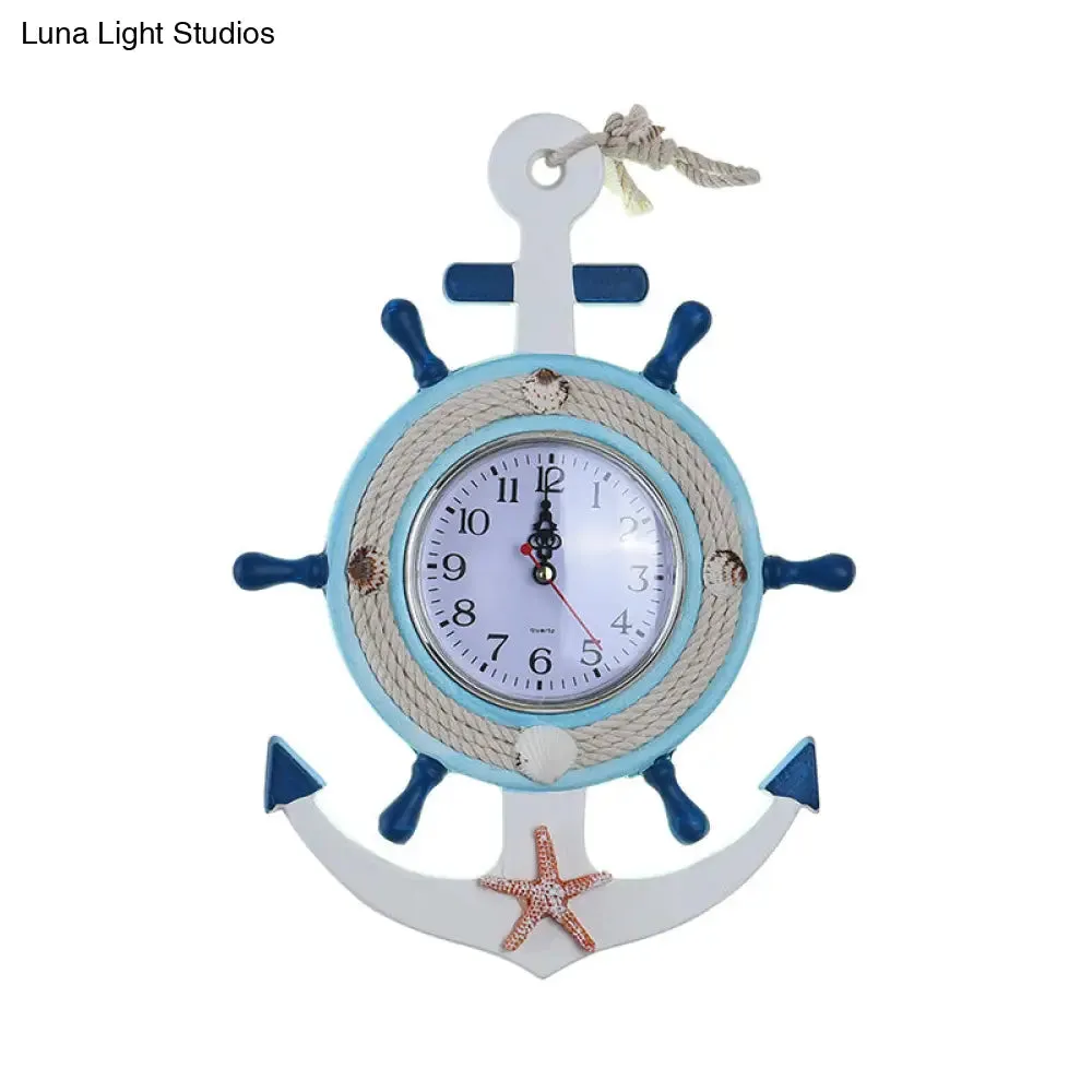 Child Bedroom Nautical Blue Anchor Rudder Wall Light with Clock - Stylish Wood Wall Lamp