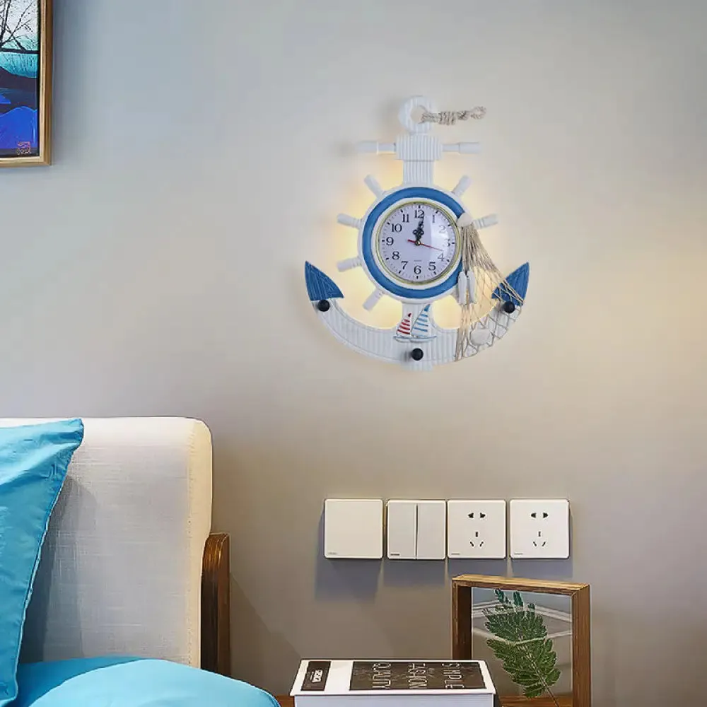 Child Bedroom Nautical Blue Anchor Rudder Wall Light with Clock - Stylish Wood Wall Lamp