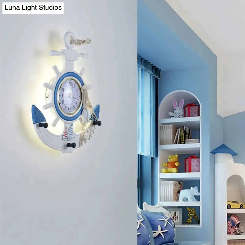 Child Bedroom Nautical Blue Anchor Rudder Wall Light with Clock - Stylish Wood Wall Lamp