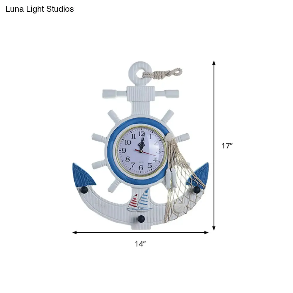 Child Bedroom Nautical Blue Anchor Rudder Wall Light with Clock - Stylish Wood Wall Lamp