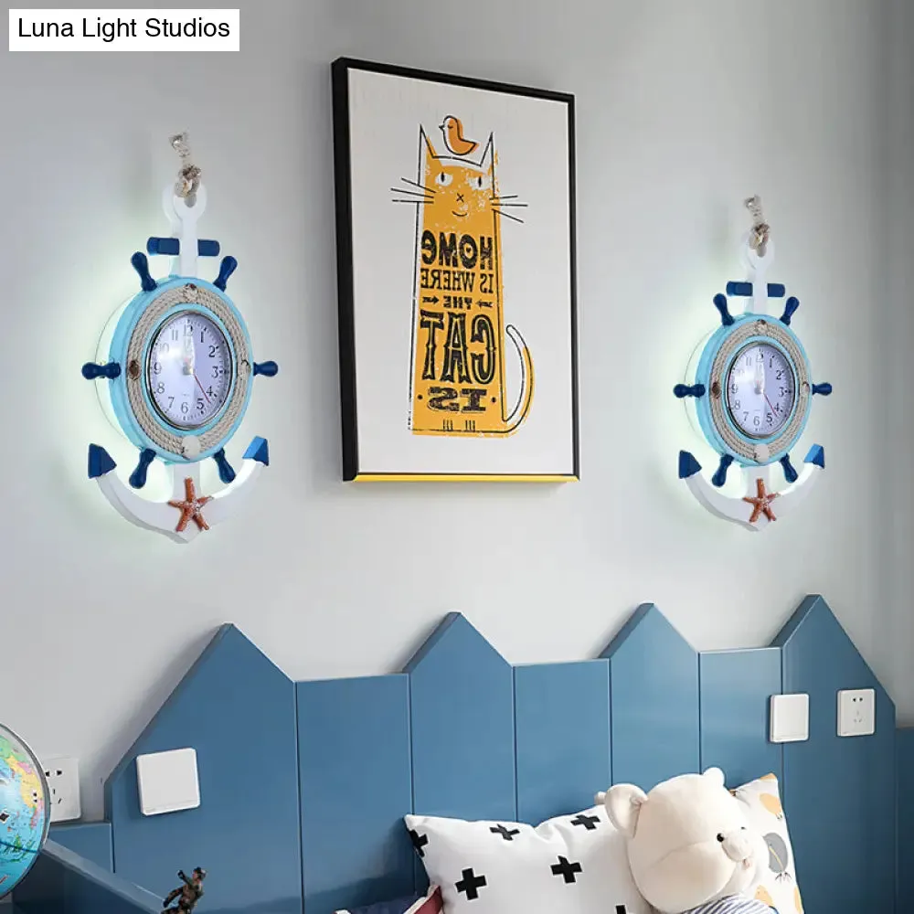 Child Bedroom Nautical Blue Anchor Rudder Wall Light with Clock - Stylish Wood Wall Lamp