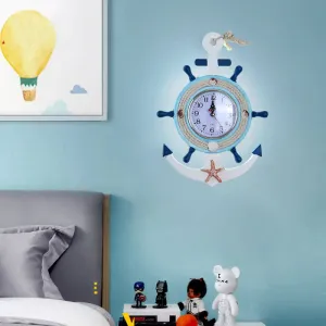 Child Bedroom Nautical Blue Anchor Rudder Wall Light with Clock - Stylish Wood Wall Lamp