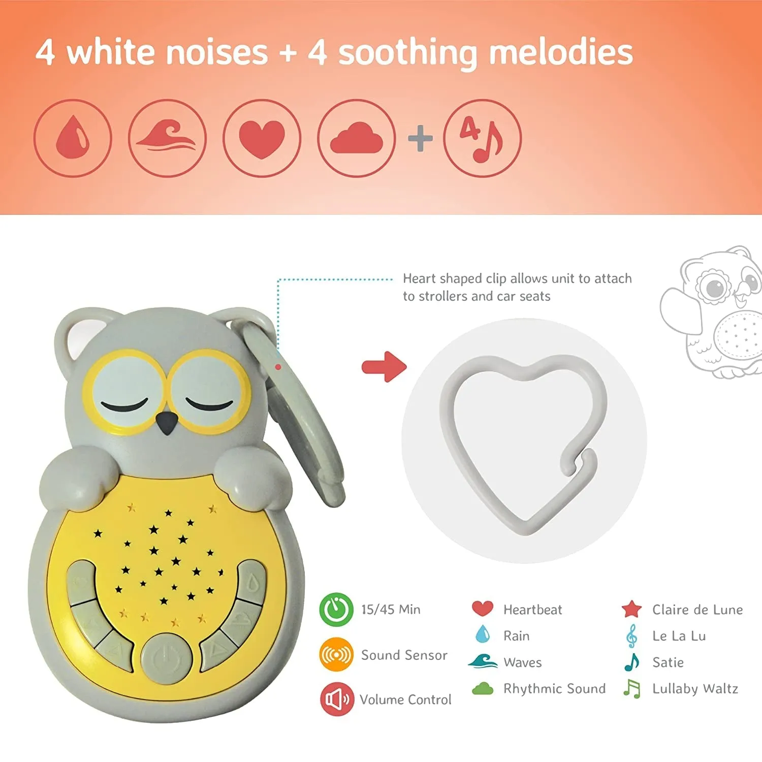 Cloud B Travel Comforting Sound Machine W/Calming Light | 4 White Noise and 4 Lullabies | Re-Activating Smart Sensor | Sweet Dreamz Grey Owl