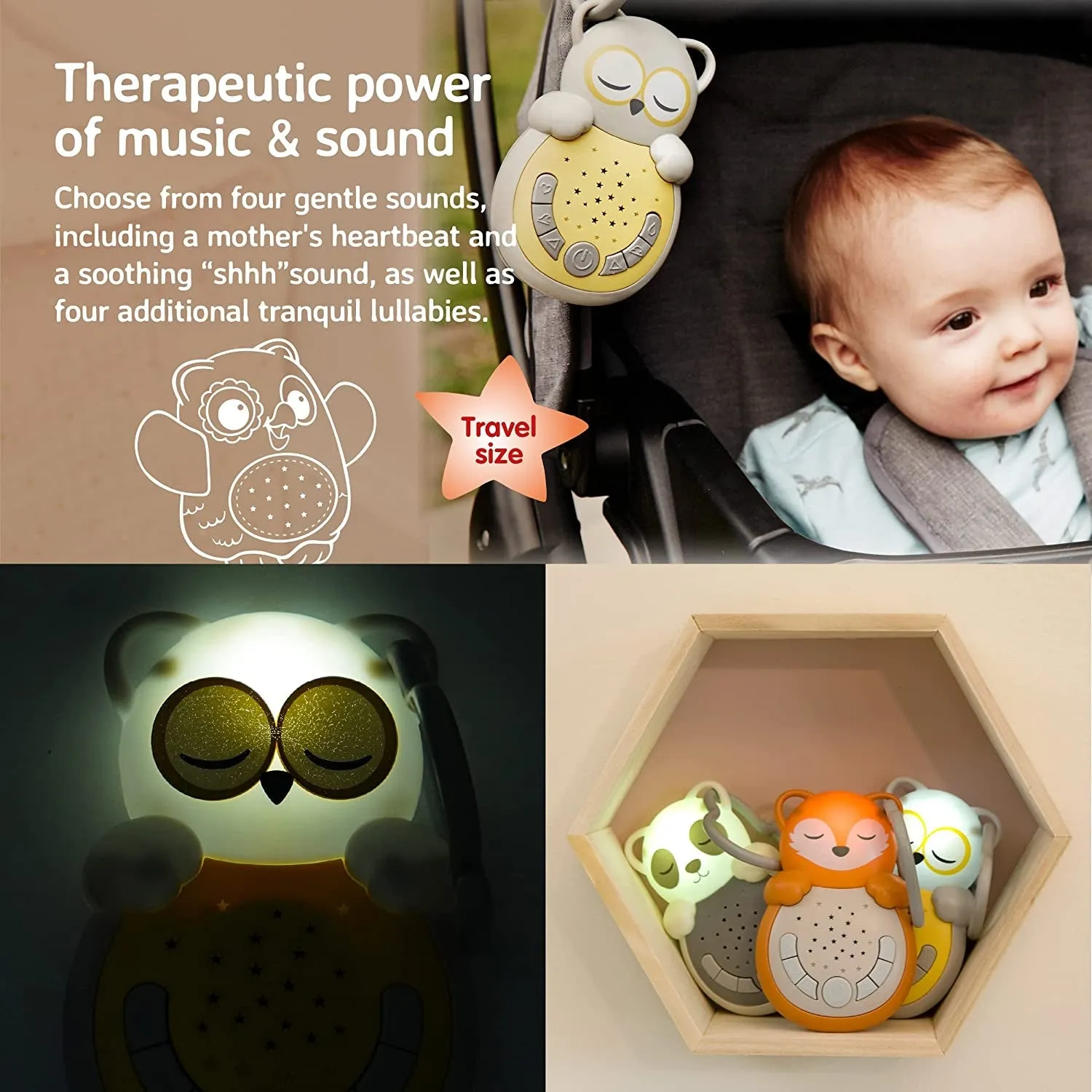 Cloud B Travel Comforting Sound Machine W/Calming Light | 4 White Noise and 4 Lullabies | Re-Activating Smart Sensor | Sweet Dreamz Grey Owl