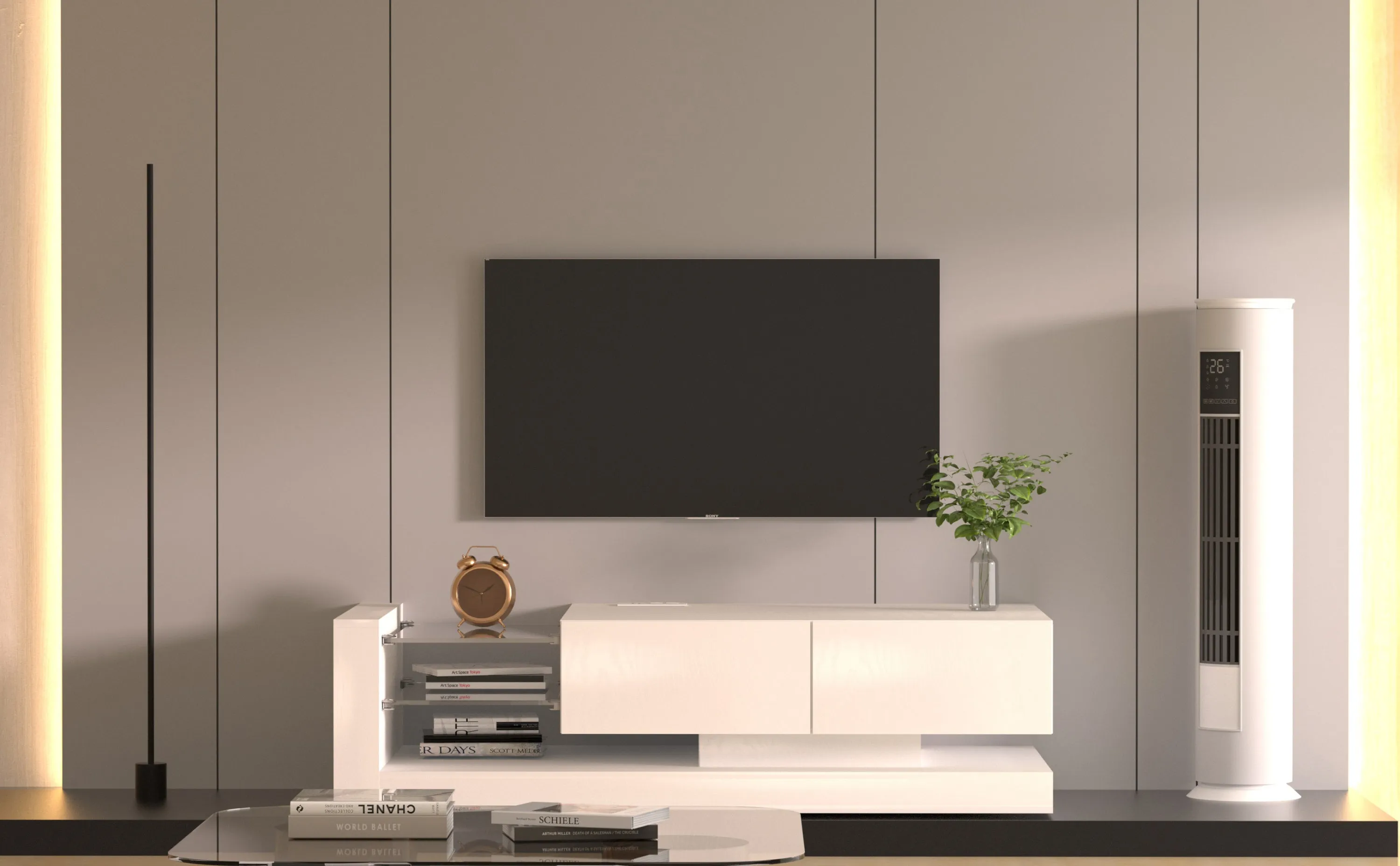 Duffy LED TV Console with Storage Cabinets - Ivory