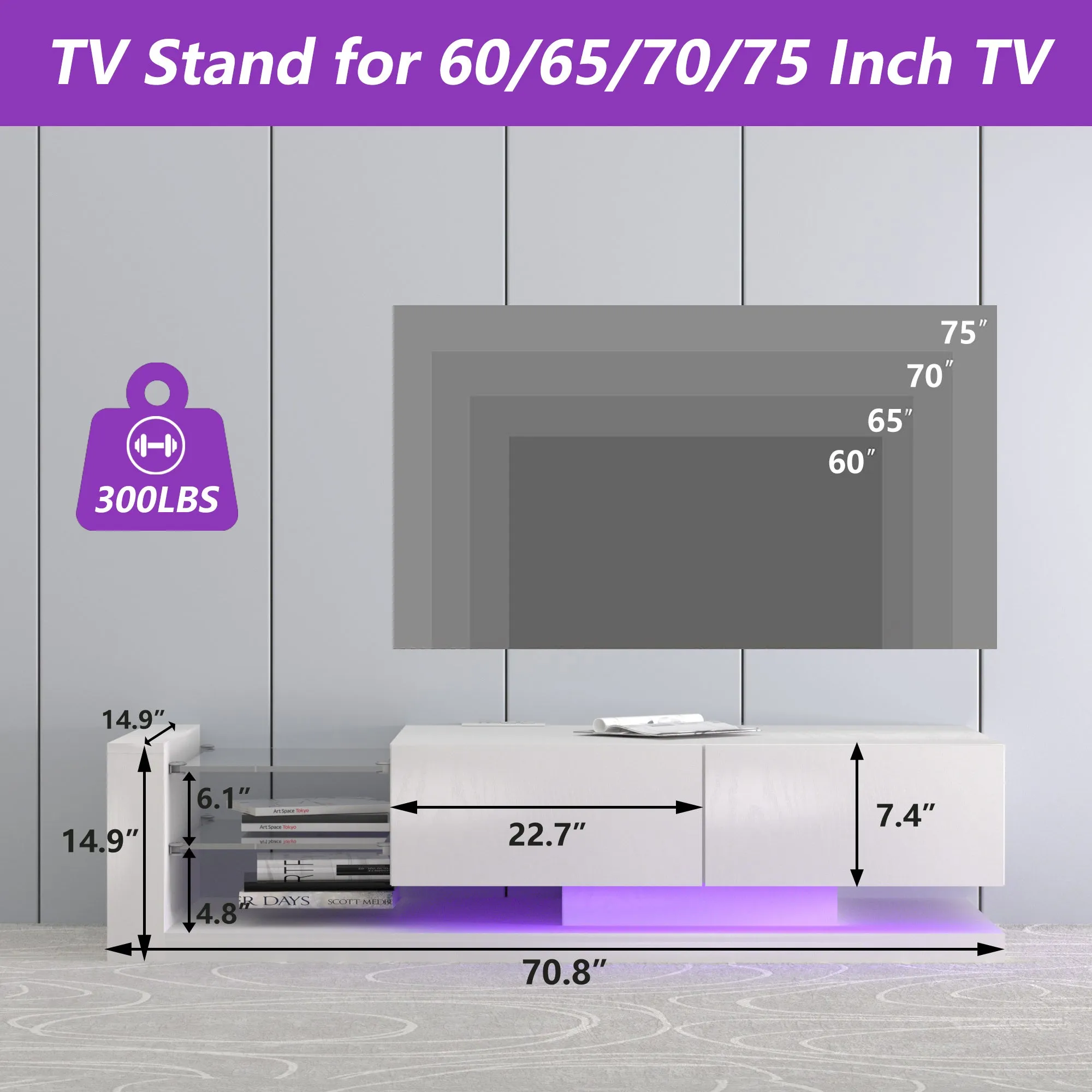 Duffy LED TV Console with Storage Cabinets - Ivory