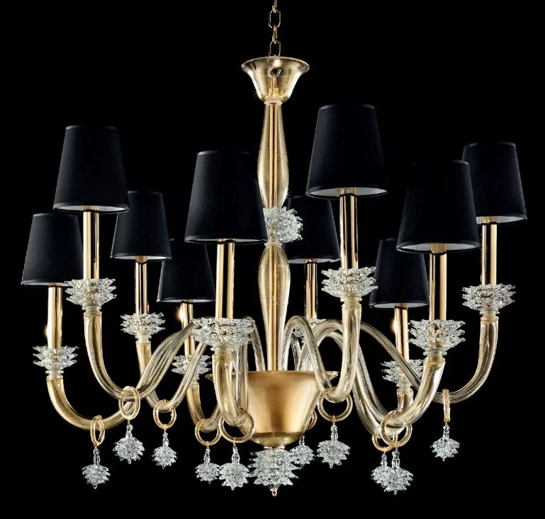 Exquisitely Handcrafted 10 Light Murano Chandelier With 24 Carat Gold