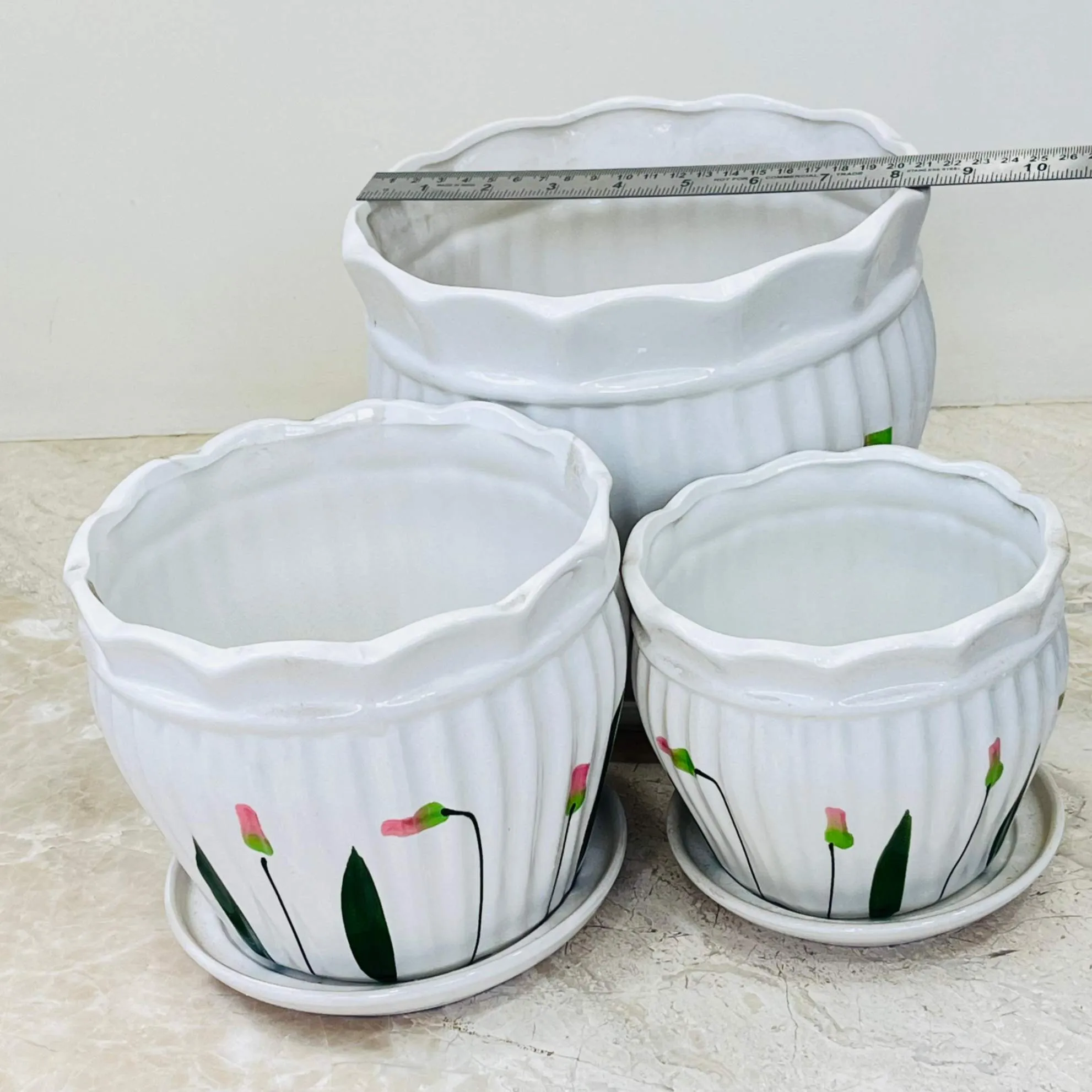 Floral White Ceramic Pot Set with Delicate Pink Bud Design (Set Of 3)