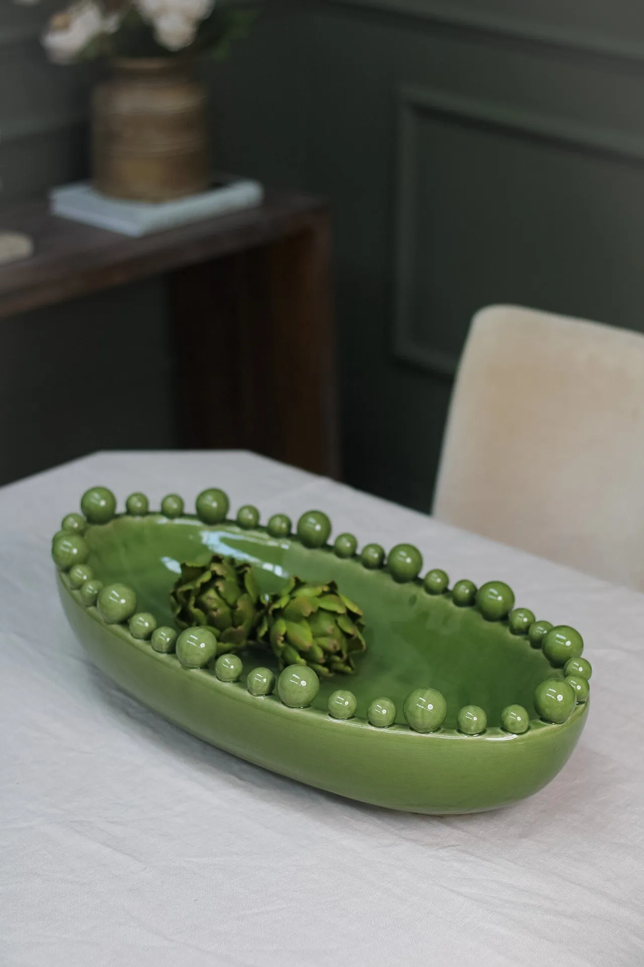 Green Oval Bobble Edged Bowl