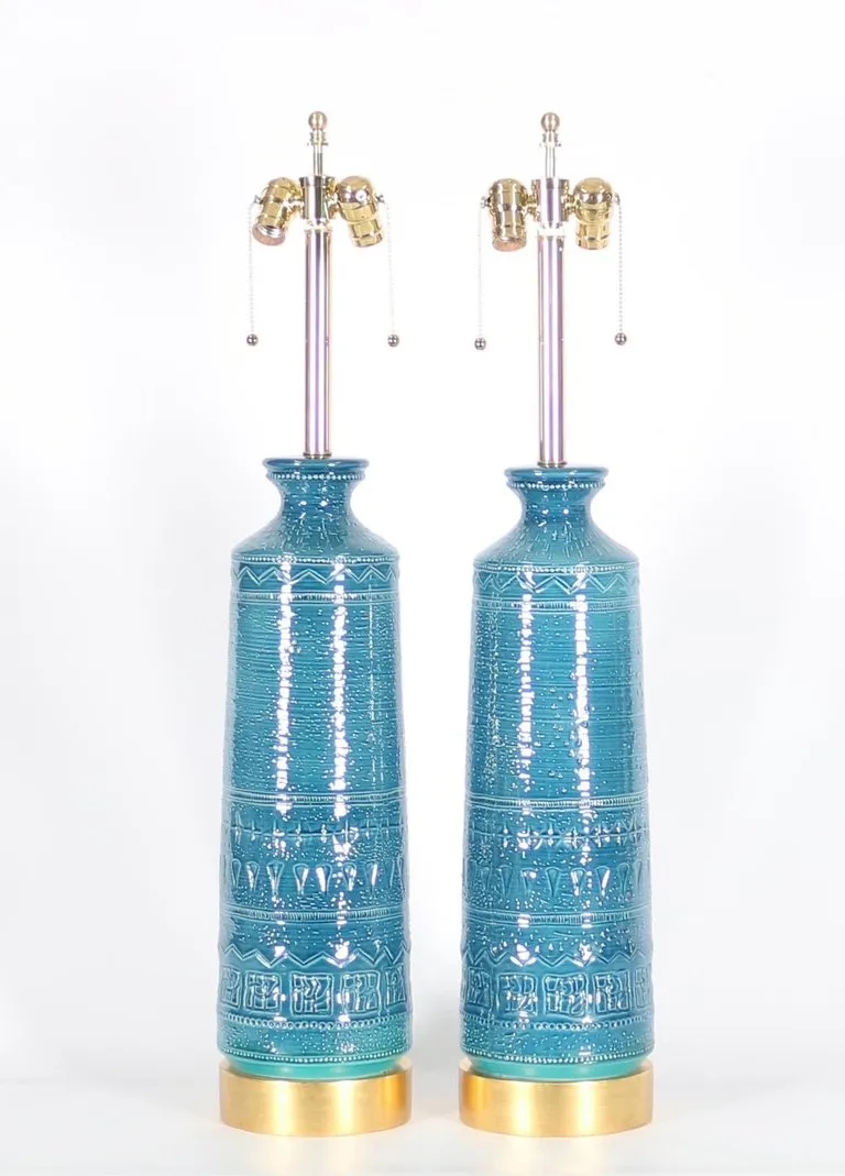 Italian Hollywood Regency Bittossi Style Lamps in Blue & Aqua Glazed Ceramic