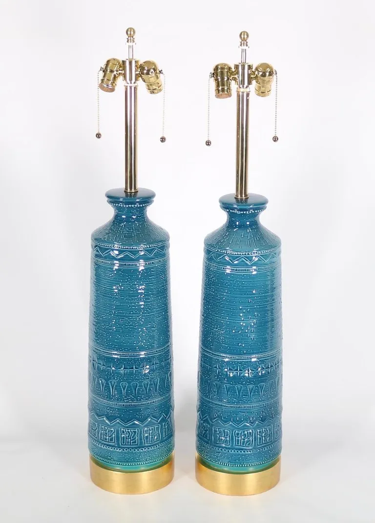 Italian Hollywood Regency Bittossi Style Lamps in Blue & Aqua Glazed Ceramic