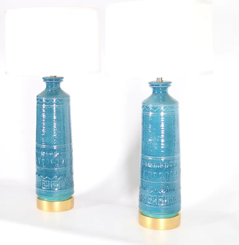 Italian Hollywood Regency Bittossi Style Lamps in Blue & Aqua Glazed Ceramic