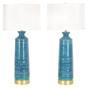 Italian Hollywood Regency Bittossi Style Lamps in Blue & Aqua Glazed Ceramic