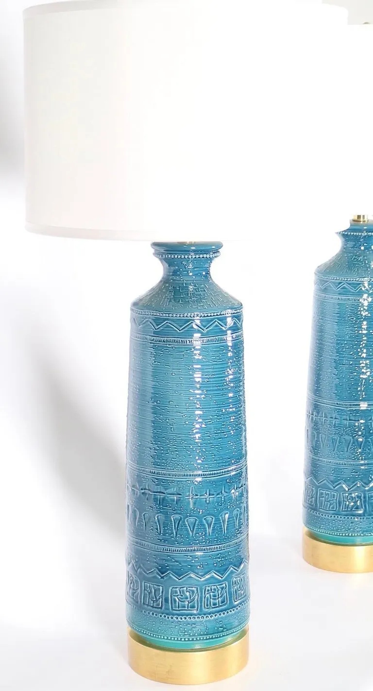 Italian Hollywood Regency Bittossi Style Lamps in Blue & Aqua Glazed Ceramic