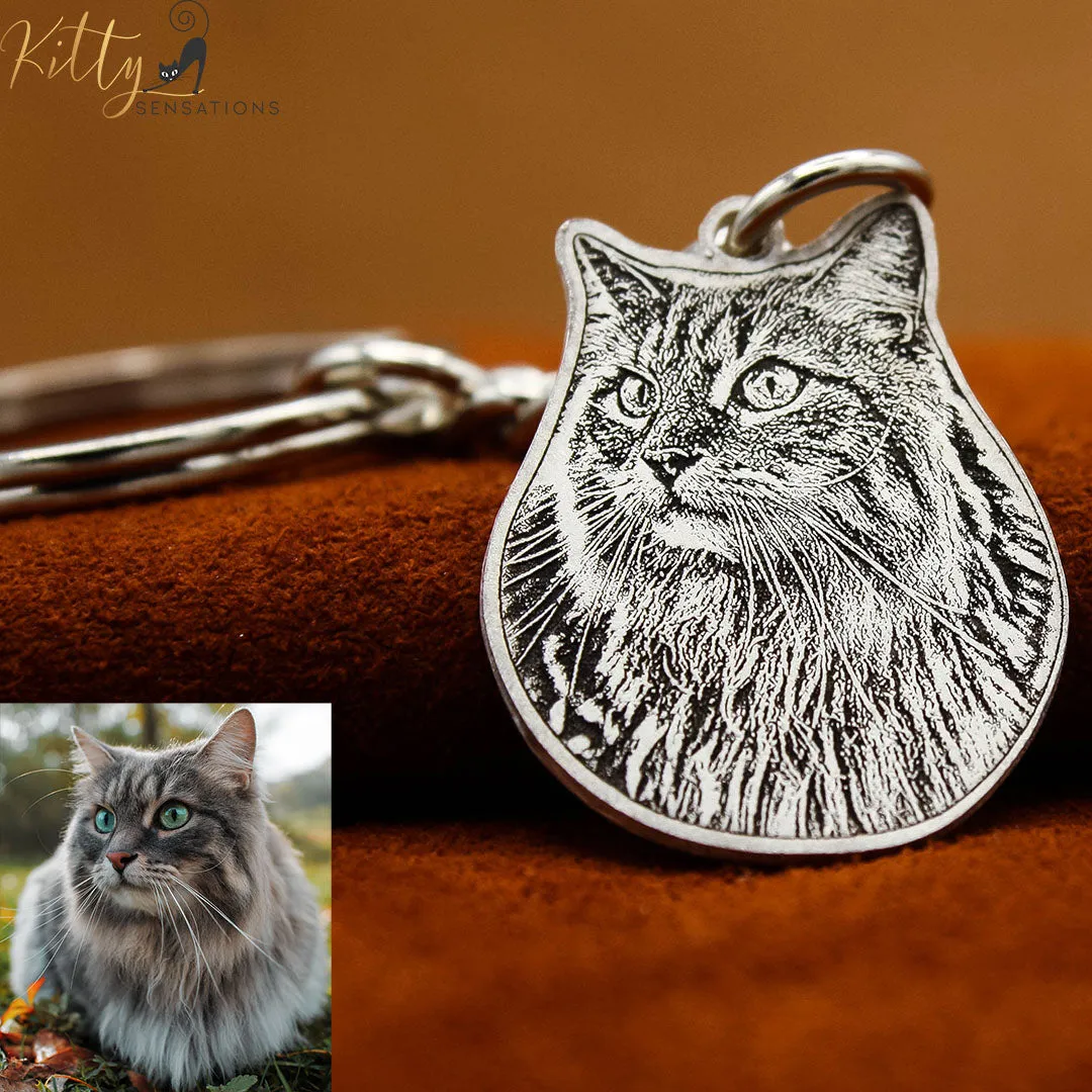 KittySensations Custom Cat Keychain with Personal Engraving in Solid 925 Sterling Silver