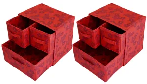 Kuber Industries Metallic Flower Printed 3 Drawers Foldable Non-Woven Dressing/Jewllery/Makeup Organizer Box- Pack of 2 (Red)-HS43KUBMART26850