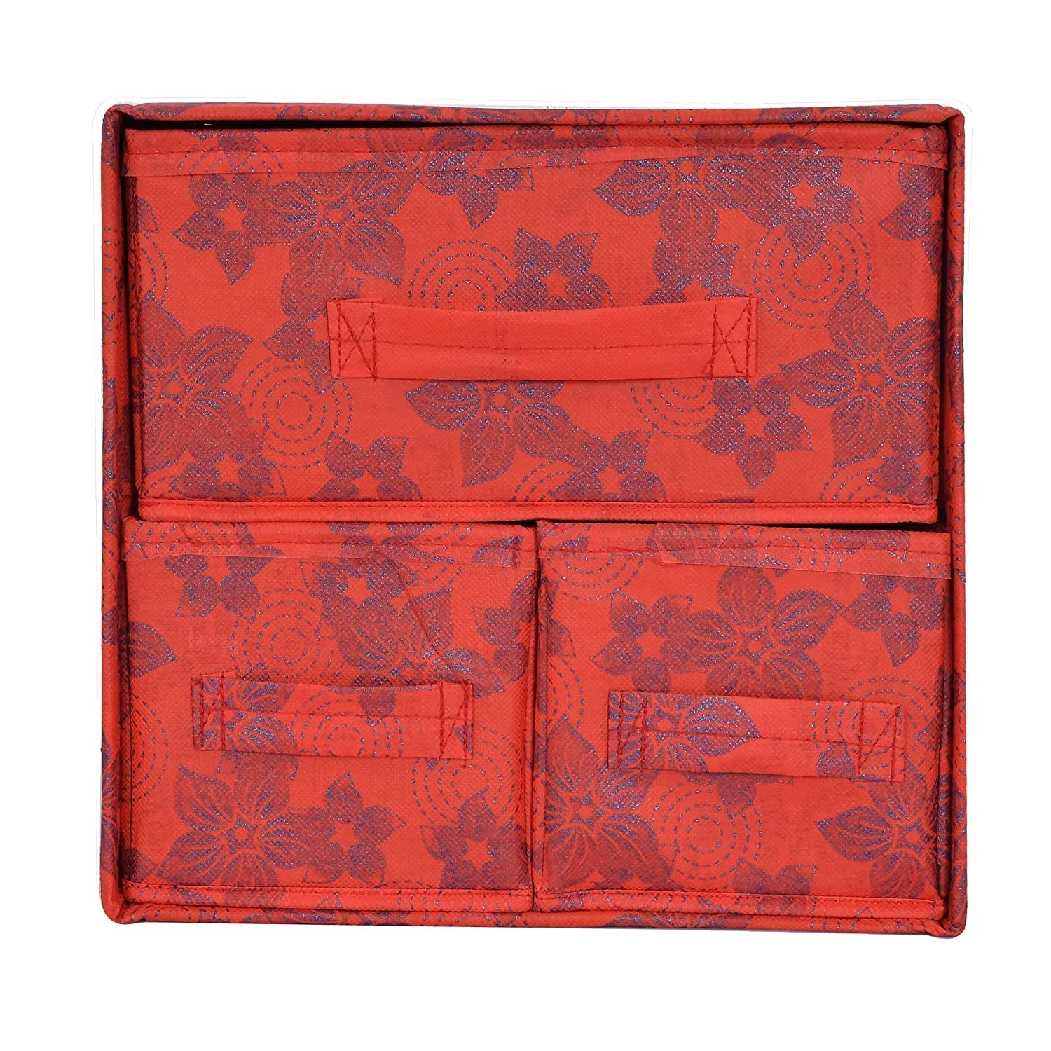 Kuber Industries Metallic Flower Printed 3 Drawers Foldable Non-Woven Dressing/Jewllery/Makeup Organizer Box- Pack of 2 (Red)-HS43KUBMART26850