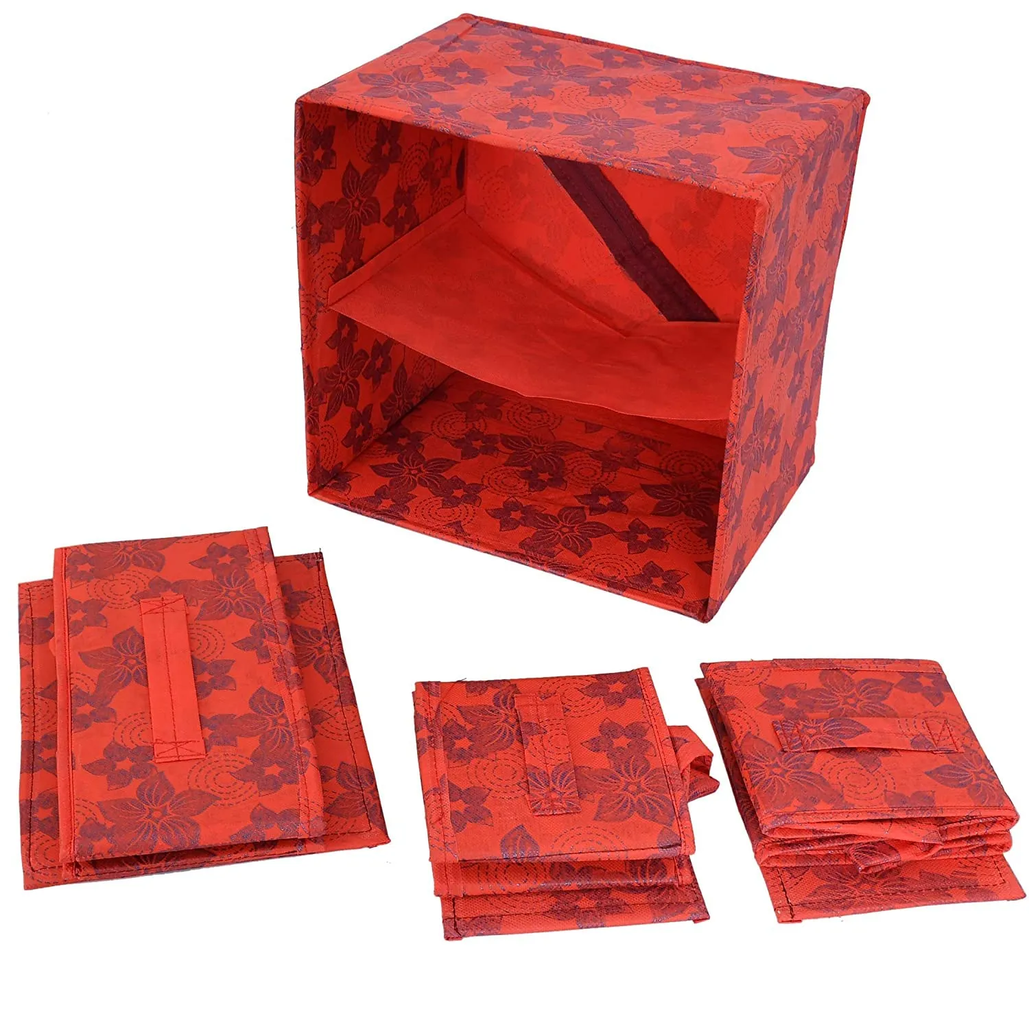 Kuber Industries Metallic Flower Printed 3 Drawers Foldable Non-Woven Dressing/Jewllery/Makeup Organizer Box- Pack of 2 (Red)-HS43KUBMART26850