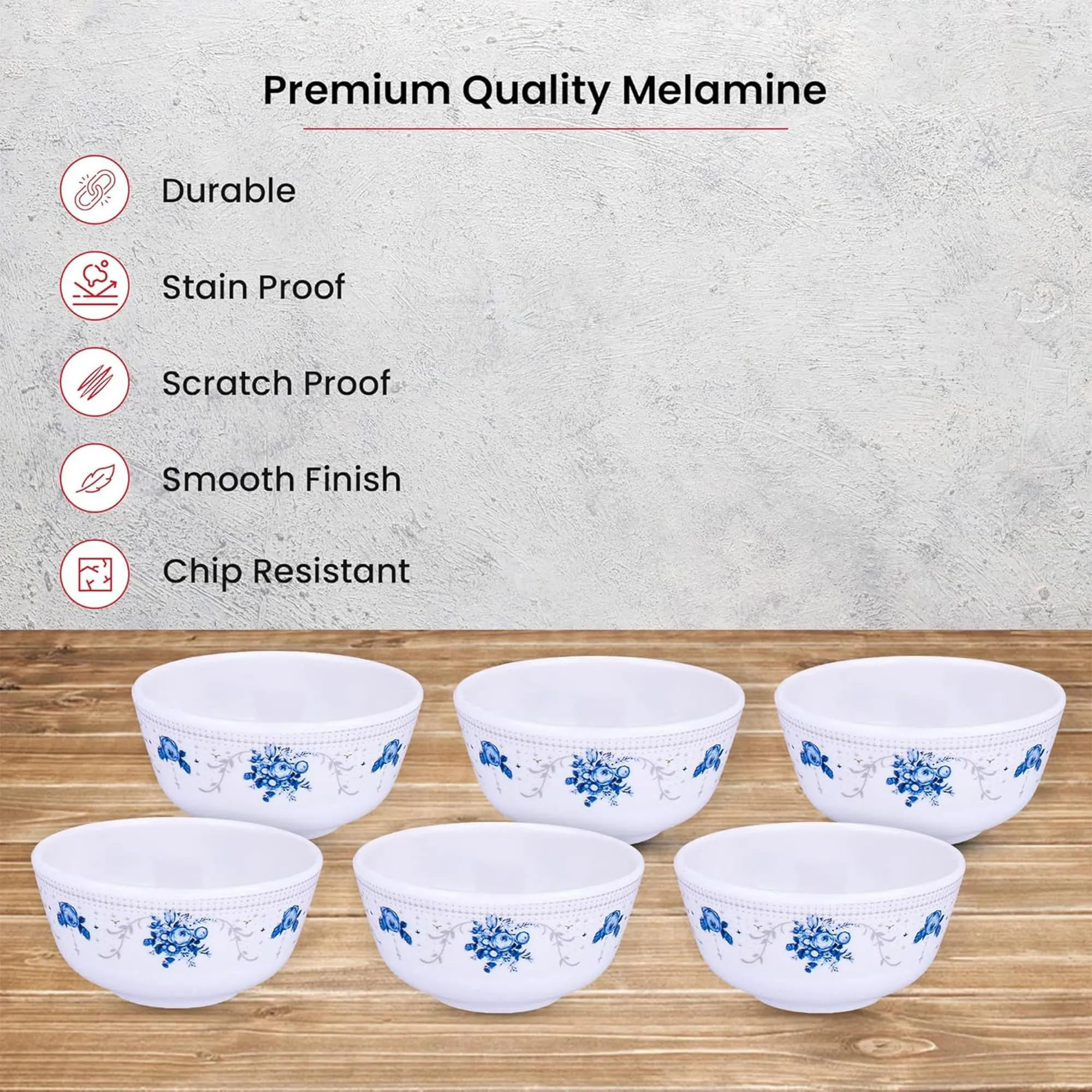 Kuber Industries Shatter Resistant Melamine White Bowls Set of 6 | Lightweight Aesthetic Bowl Set | Blue Flower - White