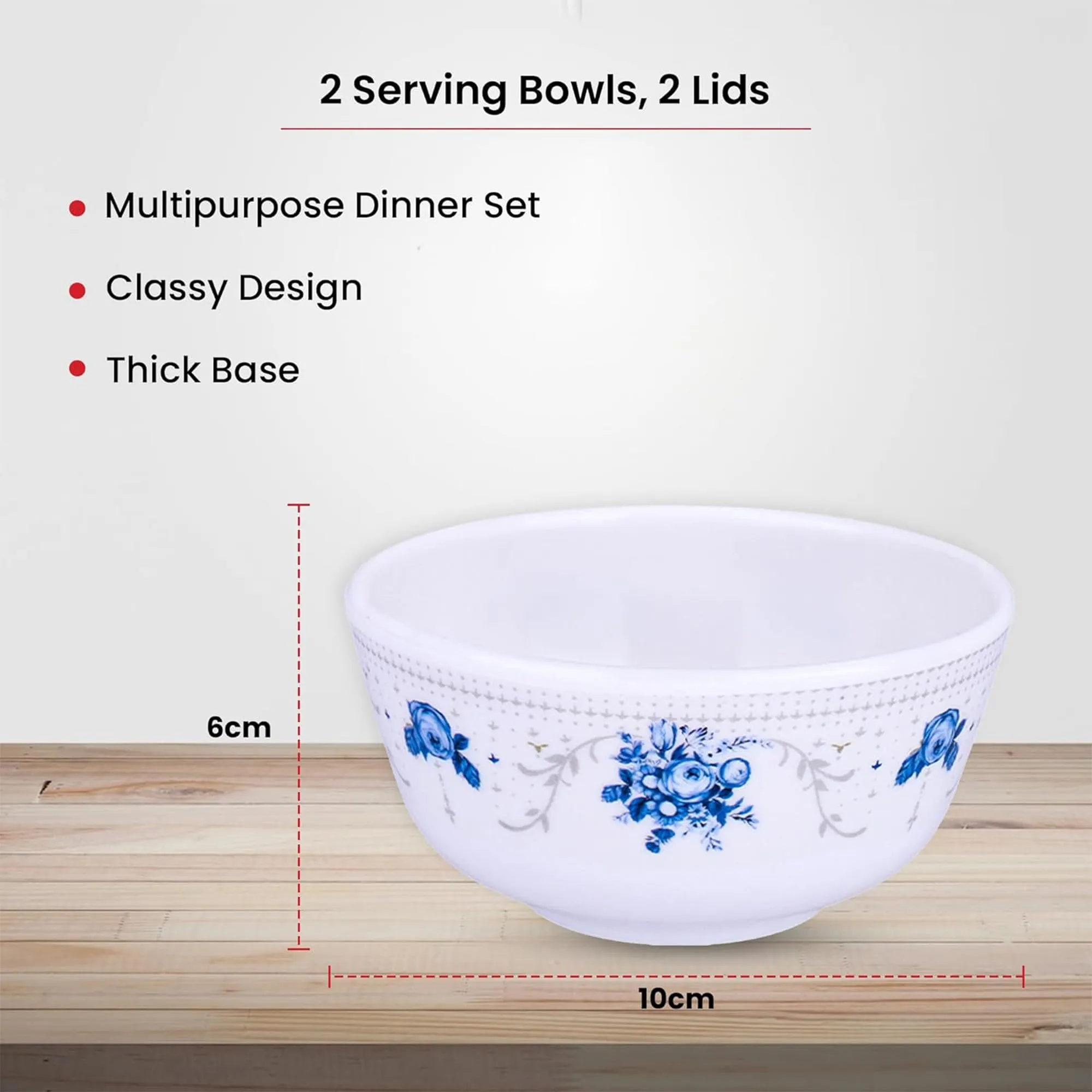 Kuber Industries Shatter Resistant Melamine White Bowls Set of 6 | Lightweight Aesthetic Bowl Set | Blue Flower - White