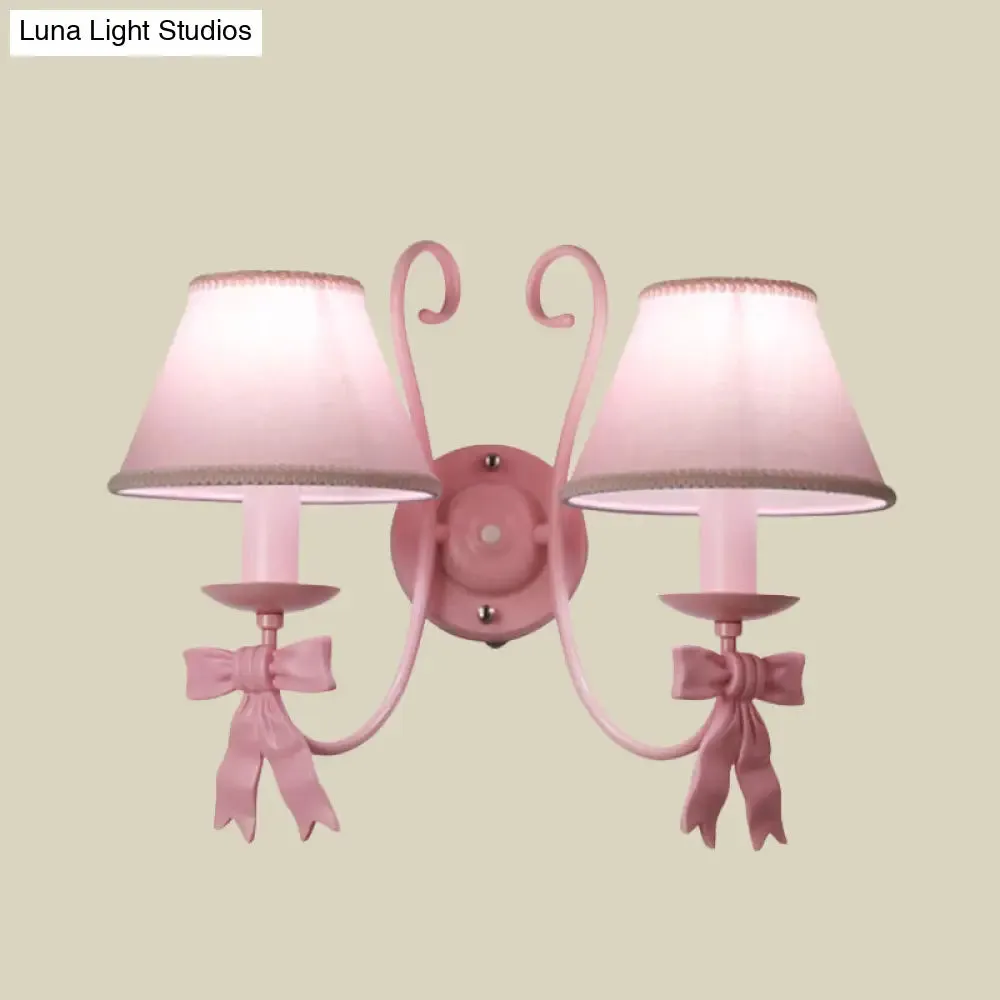 Macaron Pink Bow Wall Lamp with Fabric Shade - Bedroom Wall Mounted Light