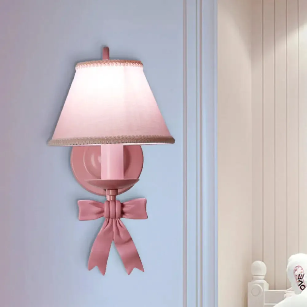 Macaron Pink Bow Wall Lamp with Fabric Shade - Bedroom Wall Mounted Light