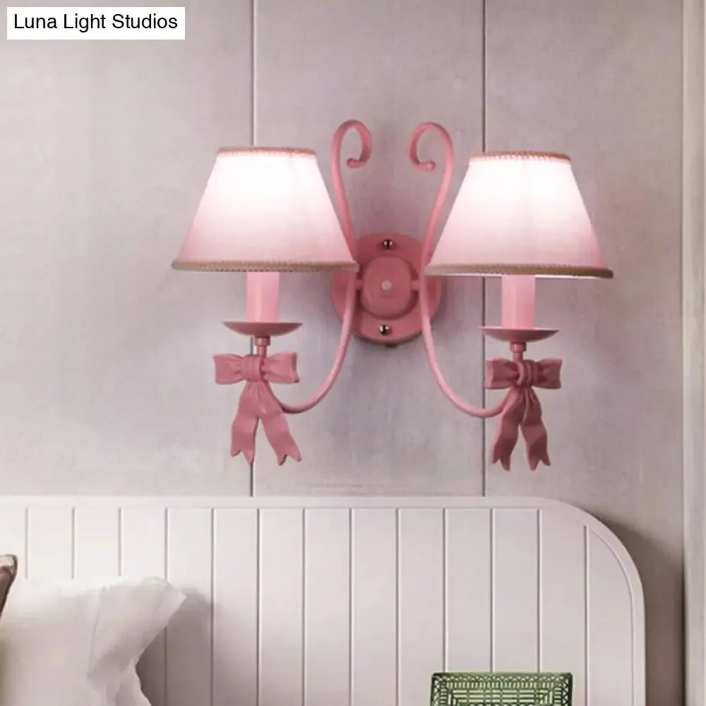 Macaron Pink Bow Wall Lamp with Fabric Shade - Bedroom Wall Mounted Light