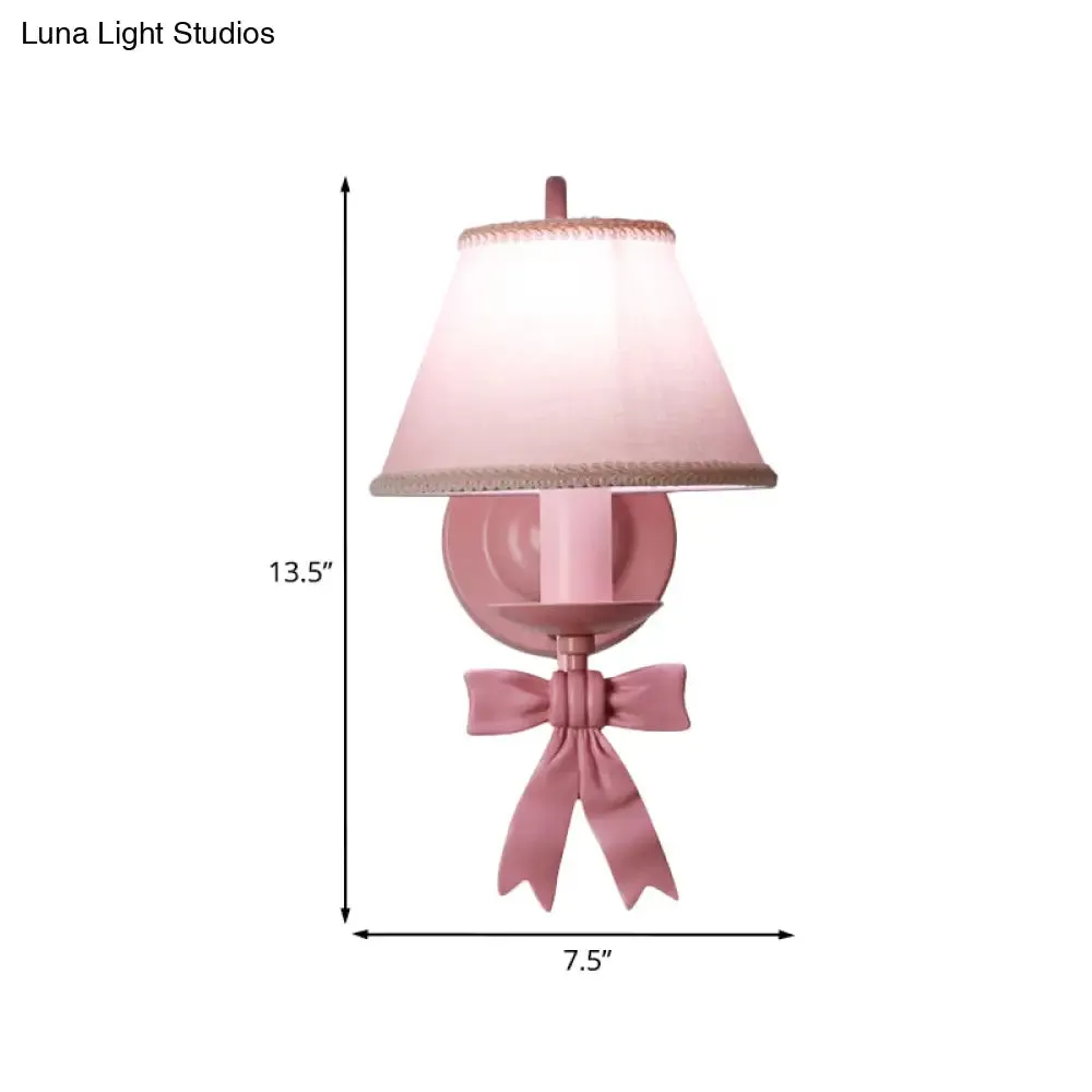 Macaron Pink Bow Wall Lamp with Fabric Shade - Bedroom Wall Mounted Light