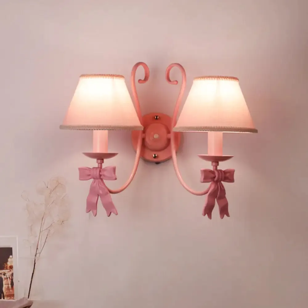 Macaron Pink Bow Wall Lamp with Fabric Shade - Bedroom Wall Mounted Light